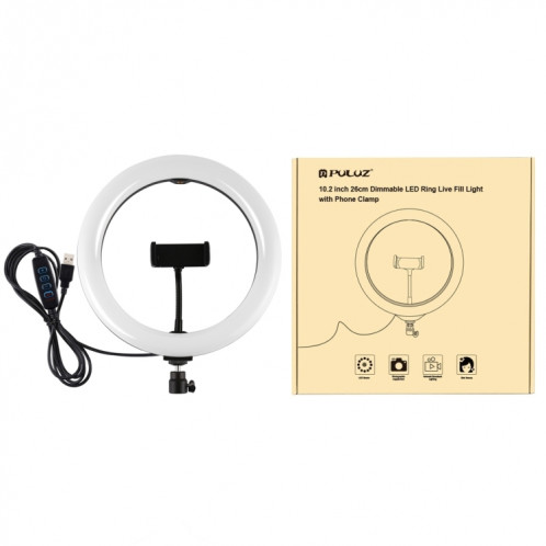 Puluz 10,2 pouces 26cm USB 3 modes Dimmable Bague LED Vlogging Selfie Beauté Photographie Photographie Vidéo lumineuses avec pile de têtes de boule de trépied (noir) SPU3971361-013
