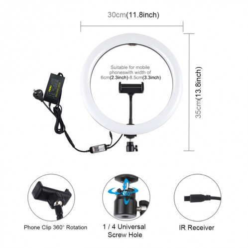 Puluz 11,8 pouces 30cm RVB RGB Bague LED Dimmable Vlogging Selfie Photographie Photographie Vidéo lumineuses avec pile à boule de trépied à chaussure froide et pince de téléphone (Noir) (Noir) SP11AU96-017