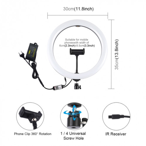 Puluz 11,8 pouces 30cm RVB RGB Bague LED Dimmable Vlogging Selfie Photographie Photographie Vidéo lumineuses avec pile à boule de trépied à chaussure froide (Noir) (Plug UE) SP11EU173-017