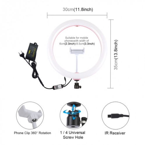 Puluz 11,8 pouces 30cm RVB RGB Bague LED Dimmable Vlogging Selfie Photographie Photographie Vidéo lumières avec une chaussure froide Tête de trépied Tête de balle et pince de téléphone (rose) (Plug UE) SP1FEU1322-017