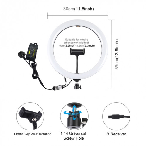 Puluz 11,8 pouces 30cm RVB RGB DIMMABLE LED Bague Vlogging Selfie Photographie Vidéo S'allonge avec la tête de boule de trépied de trépied froide et pince de téléphone (Noir) (Plug-UK) SP11UK1383-017