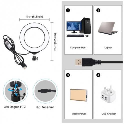 PULUZ 6.2 pouces 16cm USB RGBW Dimmable LED Anneau Vlogging Photographie Vidéo Lumières avec Cold Shoe Trépied Rotule et Télécommande (Noir) SP429B264-017