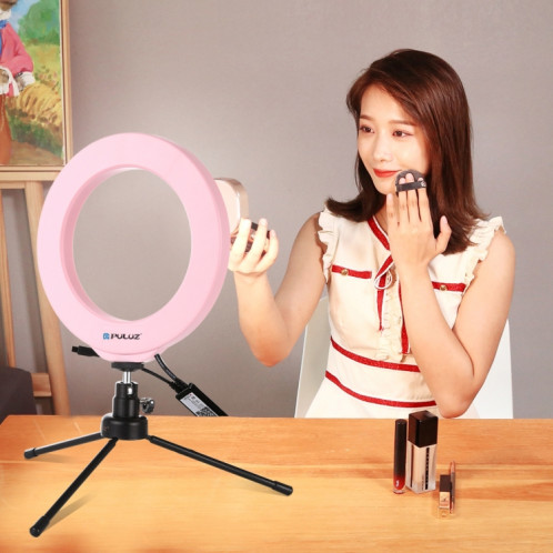 PULUZ 6.2 pouces 16cm USB RGBW Dimmable LED Anneau Vlogging Photographie Vidéo Lumières avec Cold Shoe Trépied Rotule et Télécommande (Rose) SP429F1368-017