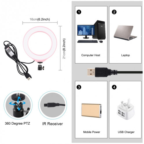 PULUZ 6.2 pouces 16cm USB RGBW Dimmable LED Anneau Vlogging Photographie Vidéo Lumières avec Cold Shoe Trépied Rotule et Télécommande (Rose) SP429F1368-017