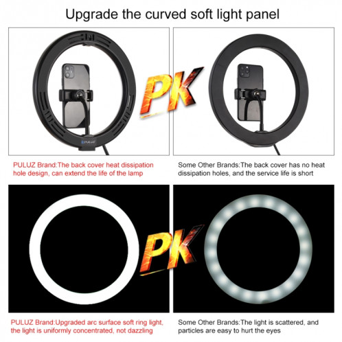 PULUZ 10.2 pouces 26cm USB RGBW Dimmable LED Anneau Vlogging Photographie Vidéo Lumières avec Trépied Rotule & Télécommande & Téléphone Pince (Noir) SP430B1118-017