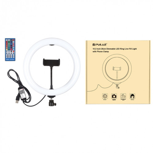 PULUZ 10.2 pouces 26cm USB RGBW Dimmable LED Anneau Vlogging Photographie Vidéo Lumières avec Trépied Rotule & Télécommande & Téléphone Pince (Noir) SP430B1118-017