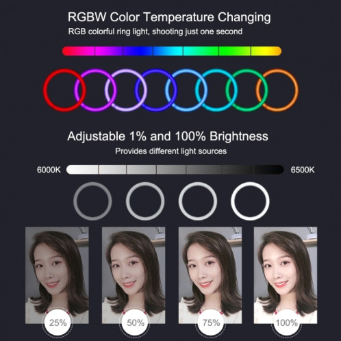 PULUZ 10.2 pouces 26cm USB RGBW Dimmable LED Anneau Vlogging Photographie Vidéo Lumières avec Trépied Rotule & Télécommande & Téléphone Pince (Noir) SP430B1118-017