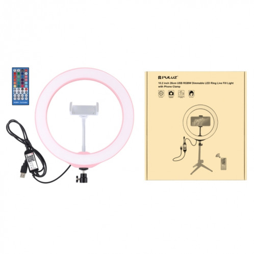 PULUZ 10.2 pouces 26cm USB RGBW Dimmable LED Anneau Vlogging Photographie Vidéo Lumières avec Trépied Rotule & Télécommande & Téléphone Pince (Rose) SP430F891-017