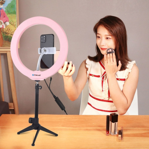 PULUZ 10.2 pouces 26cm USB RGBW Dimmable LED Anneau Vlogging Photographie Vidéo Lumières avec Trépied Rotule & Télécommande & Téléphone Pince (Rose) SP430F891-017