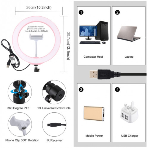 PULUZ 10.2 pouces 26cm USB RGBW Dimmable LED Anneau Vlogging Photographie Vidéo Lumières avec Trépied Rotule & Télécommande & Téléphone Pince (Rose) SP430F891-017