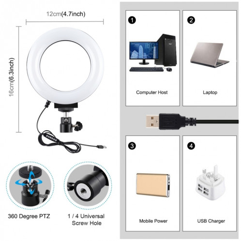 PULUZ 4.7 pouces 12cm Surface incurvée USB 10 modes 8 couleurs RGBW Dimmable LED Anneau Vlogging Photographie Vidéo Lumières avec Trépied Rotule (Noir) SP431B957-016