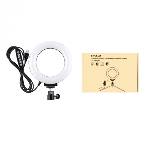 PULUZ 4.7 pouces 12cm Surface incurvée USB 10 modes 8 couleurs RGBW Dimmable LED Anneau Vlogging Photographie Vidéo Lumières avec Trépied Rotule (Noir) SP431B957-016