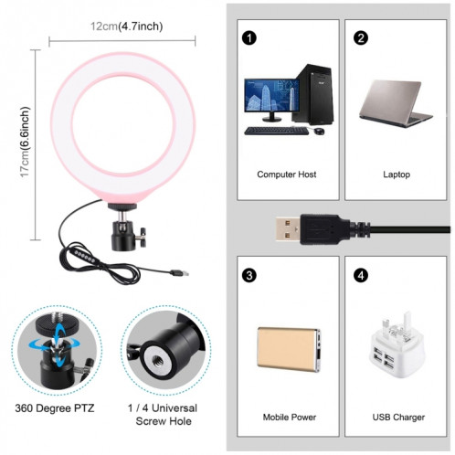 PULUZ 4.7 pouces 12cm USB 10 Modes 8 Couleurs RGBW Dimmable Anneau LED Vlogging Photographie Vidéo Lumières avec Trépied Rotule (Rose) SP431F531-015
