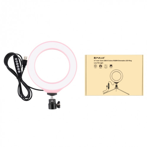 PULUZ 4.7 pouces 12cm USB 10 Modes 8 Couleurs RGBW Dimmable Anneau LED Vlogging Photographie Vidéo Lumières avec Trépied Rotule (Rose) SP431F531-015