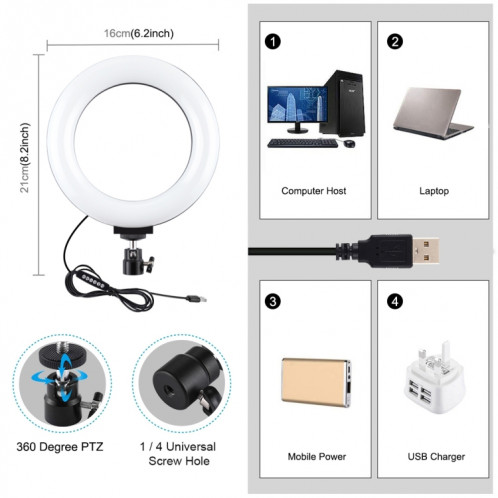 PULUZ 6.2 pouces 16cm USB 10 Modes 8 Couleurs RGBW Dimmable LED Anneau Vlogging Photographie Vidéo Lumières avec Trépied Rotule (Noir) SP432B1252-016