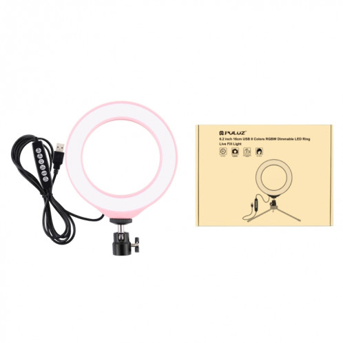 PULUZ 6.2 pouces 16cm USB 10 Modes 8 Couleurs RGBW Dimmable LED Anneau Vlogging Photographie Vidéo Lumières avec Trépied Rotule (Rose) SP432F1666-015
