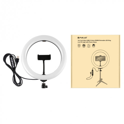 PULUZ 10.2 pouces 26cm USB 10 Modes 8 Couleurs RGBW Dimmable LED Anneau Vlogging Photographie Vidéo Lumières avec Trépied Rotule Et Pince De Téléphone (Noir) SP433B1120-015