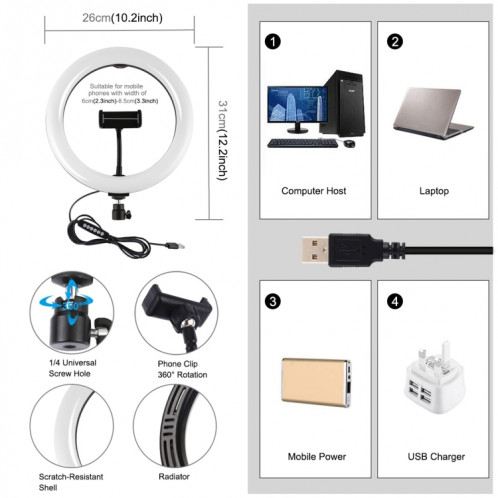 PULUZ 10.2 pouces 26cm USB 10 Modes 8 Couleurs RGBW Dimmable LED Anneau Vlogging Photographie Vidéo Lumières avec Trépied Rotule Et Pince De Téléphone (Noir) SP433B1120-015
