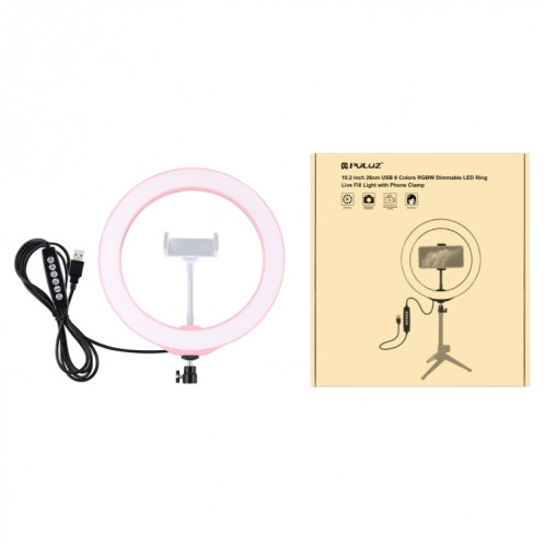 PULUZ 10.2 pouces 26cm USB 10 Modes 8 Couleurs RGBW Dimmable LED Anneau Vlogging Photographie Vidéo Lumières avec Chaussure Froide Trépied Rotule Et Pince De Téléphone (Rose) SP433F304-015