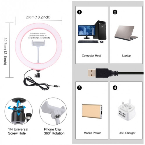 PULUZ 10.2 pouces 26cm USB 10 Modes 8 Couleurs RGBW Dimmable LED Anneau Vlogging Photographie Vidéo Lumières avec Chaussure Froide Trépied Rotule Et Pince De Téléphone (Rose) SP433F304-015
