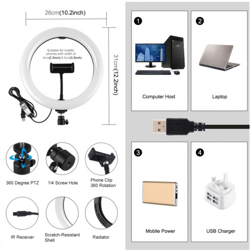 PULUZ 10.2 pouces 26cm Surface incurvée USB RGBW Dimmable LED Anneau Vlogging Photographie Vidéo Lumières avec Trépied Rotule & Télécommande & Téléphone Pince (Noir) SP455B328-018