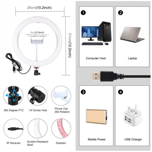 PULUZ 10.2 pouces 26cm Surface incurvée USB RGBW Dimmable LED Anneau Vlogging Photographie Vidéo Lumières avec Trépied Rotule & Télécommande & Téléphone Pince (Rose) SP455F728-018