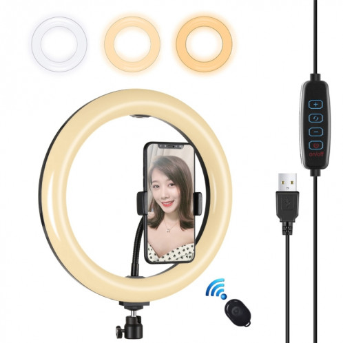 PULUZ 10.2 pouces 26cm USB 3 modes Dimmable Double température de couleur LED Anneau de lumière diffuse incurvée Vlogging Selfie Photographie Lumières vidéo avec pince de téléphone (Noir) SP456B152-014