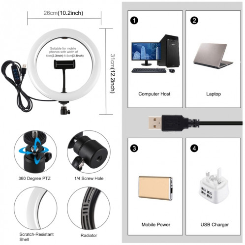 PULUZ 10.2 pouces 26cm USB 3 modes Dimmable Double température de couleur LED Anneau de lumière diffuse incurvée Vlogging Selfie Photographie Lumières vidéo avec pince de téléphone (Noir) SP456B152-014