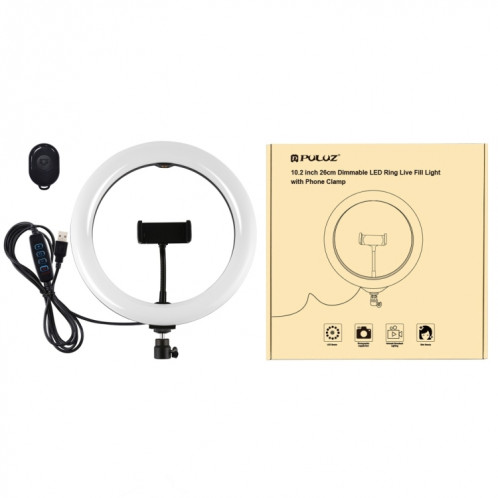 PULUZ 10.2 pouces 26cm USB 3 modes Dimmable Double température de couleur LED Anneau de lumière diffuse incurvée Vlogging Selfie Photographie Lumières vidéo avec pince de téléphone (Noir) SP456B152-014