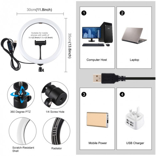 PULUZ 11.8 pouces 30cm USB 3 modes Dimmable Double température de couleur LED Anneau de lumière diffuse incurvée Vlogging Selfie Photographie Lumières vidéo avec pince de téléphone (Noir) SP457B66-014