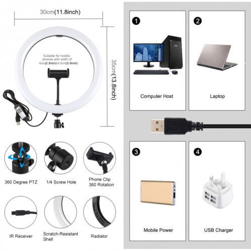 PULUZ 11.8 pouces 30cm RGB Dimmable LED Double température de couleur LED Anneau de lumière diffuse incurvée Vlogging Selfie Photographie Lumières vidéo avec trépied Rotule et pince de téléphone et télécommande SP458B1033-018