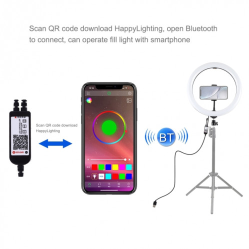 PULUZ 11.8 pouces 30cm RGB Dimmable LED Double température de couleur LED Anneau de lumière diffuse incurvée Vlogging Selfie Photographie Lumières vidéo avec trépied Rotule et pince de téléphone et télécommande SP458B1033-018