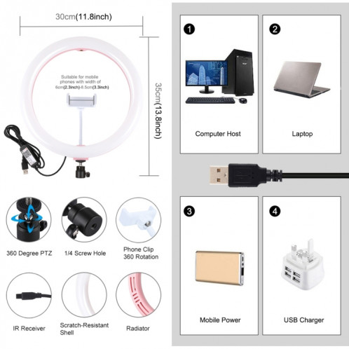 PULUZ 11.8 pouces 30cm RGB Dimmable LED Double température de couleur LED Anneau de lumière diffuse incurvée Vlogging Selfie Photographie Lumières vidéo avec trépied Rotule et pince de téléphone et télécommande SP458F1404-018