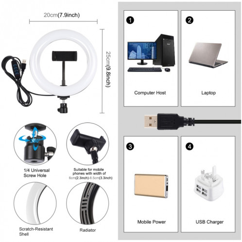 Puluz 7,9 pouces 20cm USB 3 modes Dimmable Double couleur Température LED Bague de lumière courbée Vlogging Selogging Photography Vidéo lumières avec pince de téléphone (noir) SP459B187-014