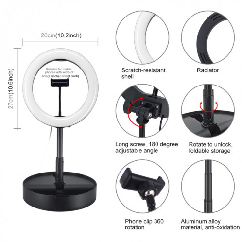 PULUZ 10.2 pouces 26cm USB 3 modes Dimmable Double température de couleur LED Anneau incurvé Vlogging Selfie Photographie Lumières vidéo avec obturateur à distance Bluetooth et support de bureau pliant et pince de SP480B1989-017