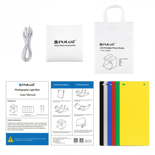 PULUZ 20cm Comprend 2 Panneaux LED Pliable Portable 1100LM Light Photo Lighting Studio Tente De Tir Kit Avec 6 Couleurs De Fond (Noir, Blanc, Jaune, Rouge, Vert, Bleu), Déplier Taille: 24cm x 23cm x 23cm SP22RU1985-018