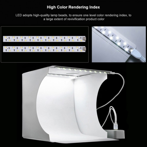 PULUZ 20cm Comprend 2 Panneaux LED Pliable Portable 1100LM Light Photo Lighting Studio Tente De Tir Kit Avec 6 Couleurs De Fond (Noir, Blanc, Jaune, Rouge, Vert, Bleu), Déplier Taille: 24cm x 23cm x 23cm SP22RU1985-018