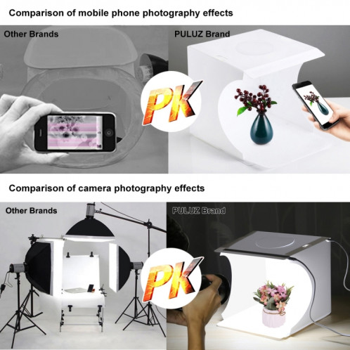 PULUZ 20cm Comprend 2 Panneaux LED Pliable Portable 1100LM Light Photo Lighting Studio Tente De Tir Kit Avec 6 Couleurs De Fond (Noir, Blanc, Jaune, Rouge, Vert, Bleu), Déplier Taille: 24cm x 23cm x 23cm SP22RU1985-018