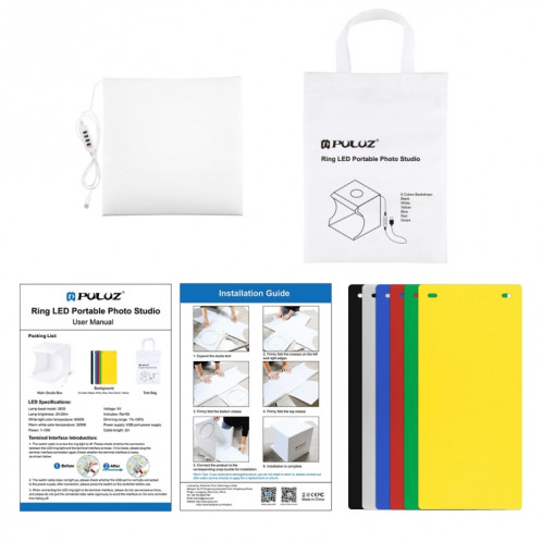 PULUZ 23cm Anneau LED Panneau Pliant Portable Light Photo Lighting Studio Tente De Tir Kit Box avec 6 Couleurs de Fond (Noir, Blanc, Jaune, Rouge, Vert, Bleu), Déplier Taille: 24cm x 23cm x 23cm SP5023573-017