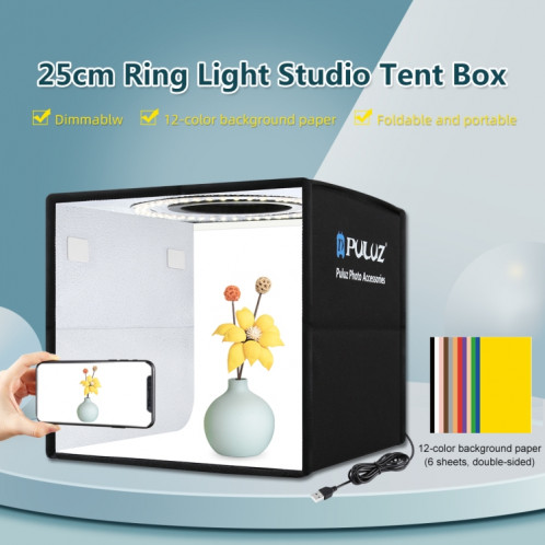 PULUZ 25cm pliant portable haut 97 CRI Light Ring photo éclairage studio de prise de vue Boîte Tente avec 12 couleurs, Taille Backdrops: 25cm x 25cm x 25cm (Noir) SP025B254-018