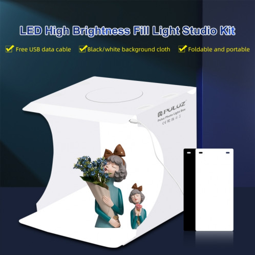 PULUZ 20 cm pliable portable 550 lm lumière photo éclairage studio tente de prise de vue kit avec 2 couleurs de fond (noir, blanc), taille dépliée : 24 cm x 23 cm x 23 cm SP5028276-010