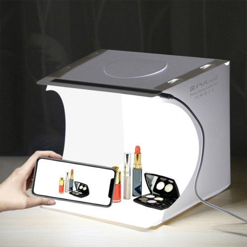 PULUZ 20 cm pliable portable 550 lm lumière photo éclairage studio tente de prise de vue kit avec 2 couleurs de fond (noir, blanc), taille dépliée : 24 cm x 23 cm x 23 cm SP5028276-010