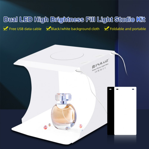 PULUZ 20 cm comprend 2 panneaux LED pliables et portables 1100 lm pour éclairage photo, kit de boîte de tente de prise de vue en studio avec 2 couleurs de fond (noir, blanc), taille dépliée : 24 cm x 23 cm x 23 cm SP50291989-010