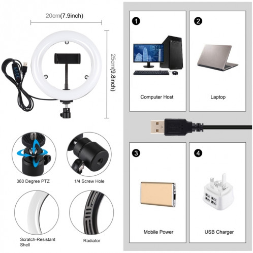 PULUZ 7,9 pouces 20 cm USB 3 modes Dimmable Double température de couleur LED Anneau lumineux incurvé Vlogging Selfie Photography Lampes vidéo avec miroir (noir) SP502B314-016