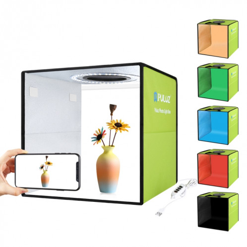 PULUZ 30cm pliant haut 97 CRI Light Ring Eclairage studio Prise de vue Tente Box Kit avec 6 couleurs (Backdrops noir, blanc, orange, rouge, vert, bleu), Taille: 30cm x Déplier 30cm x 30cm (Vert) SP032G469-016