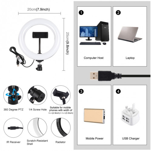 PULUZ 7.9 pouces 20cm USB RGB Dimmable LED Double température de couleur LED Anneau lumineux incurvé Vlogging Selfie Photography Video Lights avec pince de téléphone (Noir) SP503B1826-019