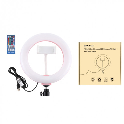 PULUZ 7.9 pouces 20cm USB RGB Dimmable LED Double température de couleur LED Anneau lumineux incurvé Vlogging Selfie Photography Video Lights avec pince de téléphone (Rose) SP503F1183-019