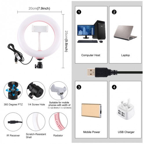PULUZ 7.9 pouces 20cm USB RGB Dimmable LED Double température de couleur LED Anneau lumineux incurvé Vlogging Selfie Photography Video Lights avec pince de téléphone (Rose) SP503F1183-019