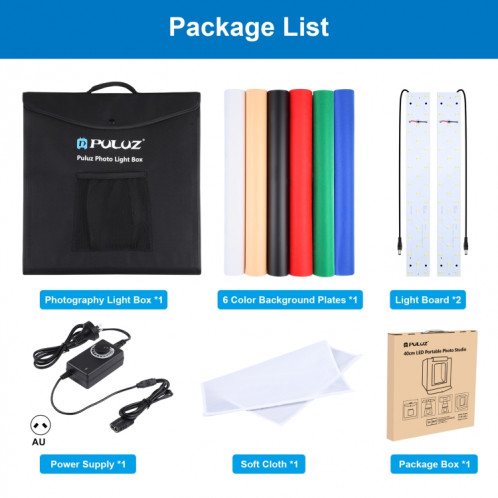 PULUZ 40CM pliable portable 24W 5500K Lumière blanche Dimmable Éclairage de photos Studio Tehing Coffret boîte avec 6 couleurs (noir, orange, blanc, rouge, vert, bleu)) SP40AU1067-019