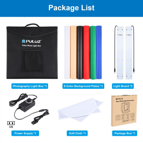 PULUZ 40CM pliable portable 24W 5500K Light blanc Dimmable Éclairage de photos Studio Tehinging Tente Box Kit avec 6 couleurs (noir, orange, blanc, rouge, vert, bleu) SP50401047-019